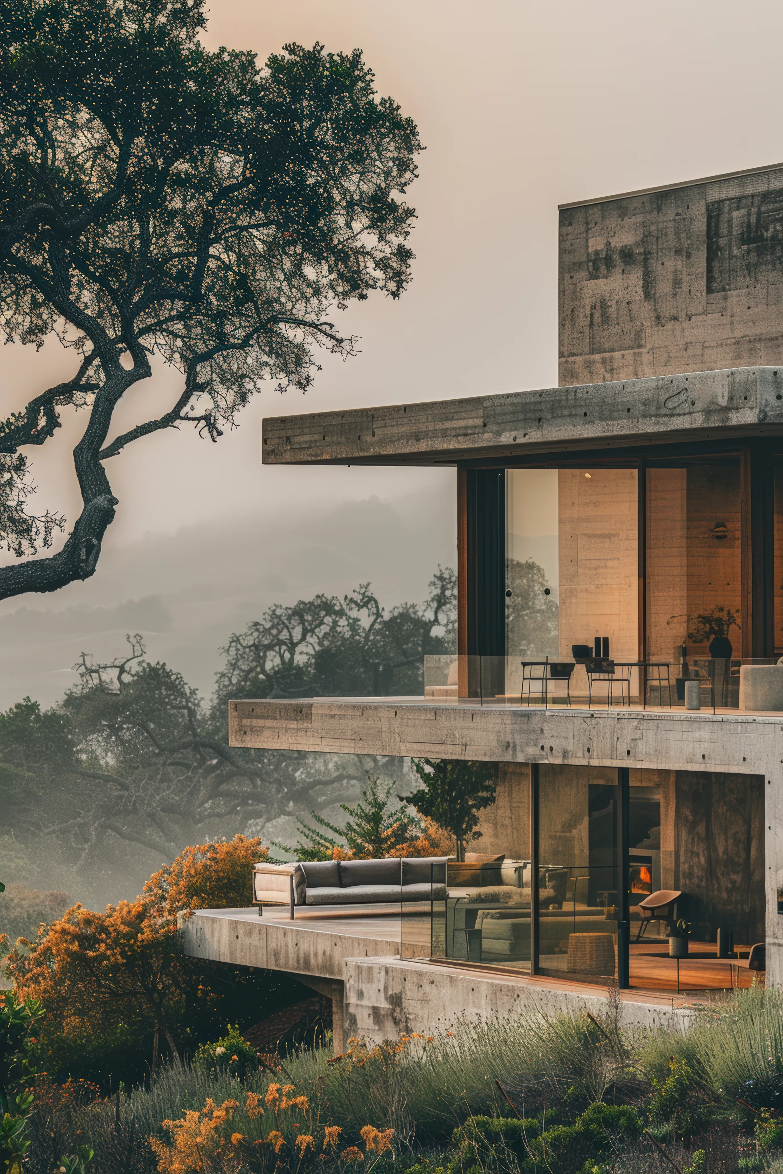 Concrete house under a sprawling oak in soft evening light