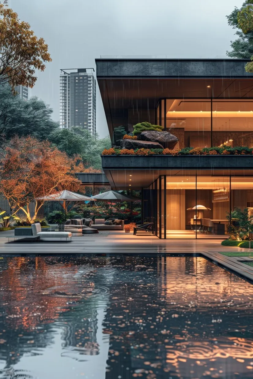 Modern home with lit terraces beside a reflecting pool at dusk