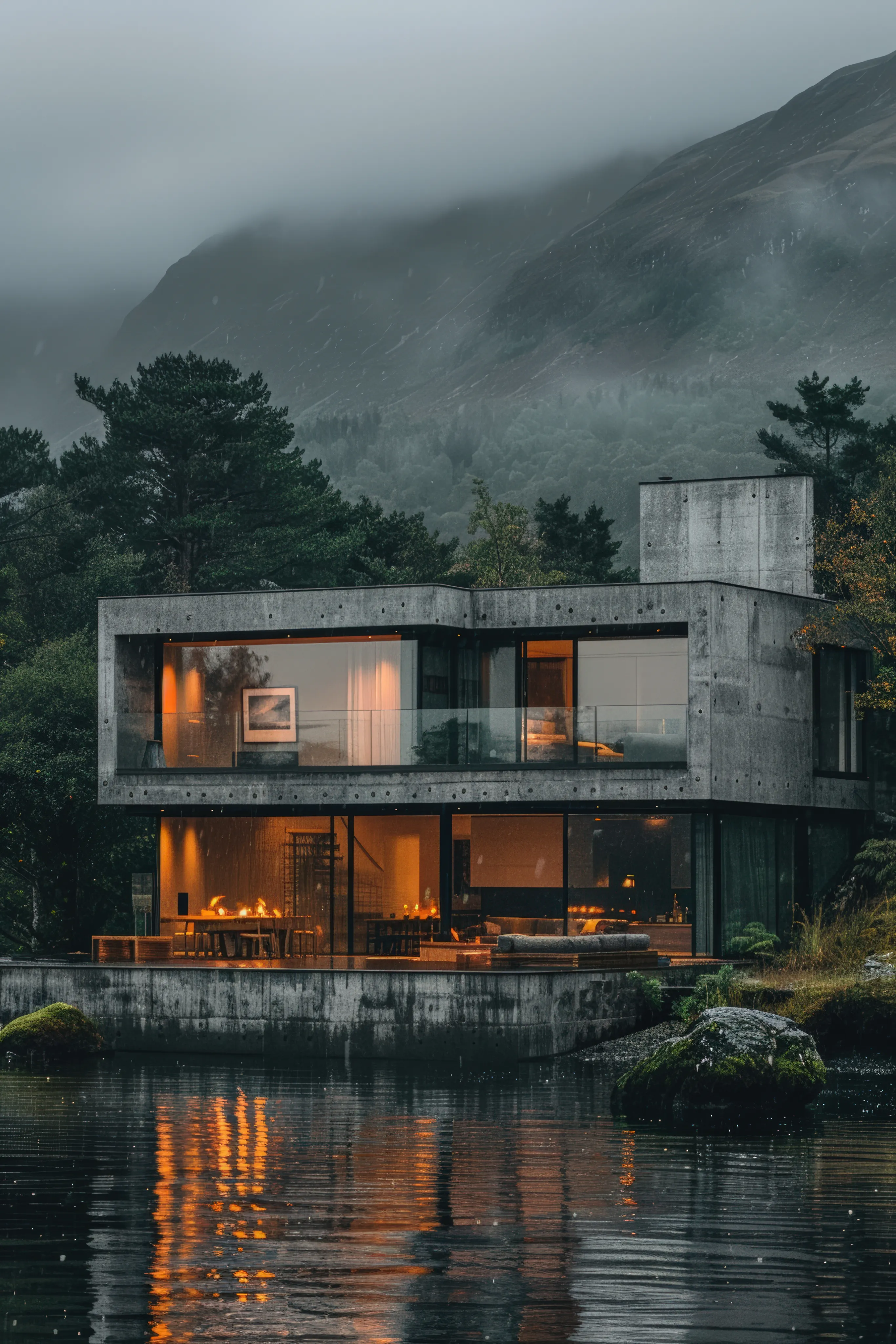 Lit glass house reflected in a dark pond among rocks