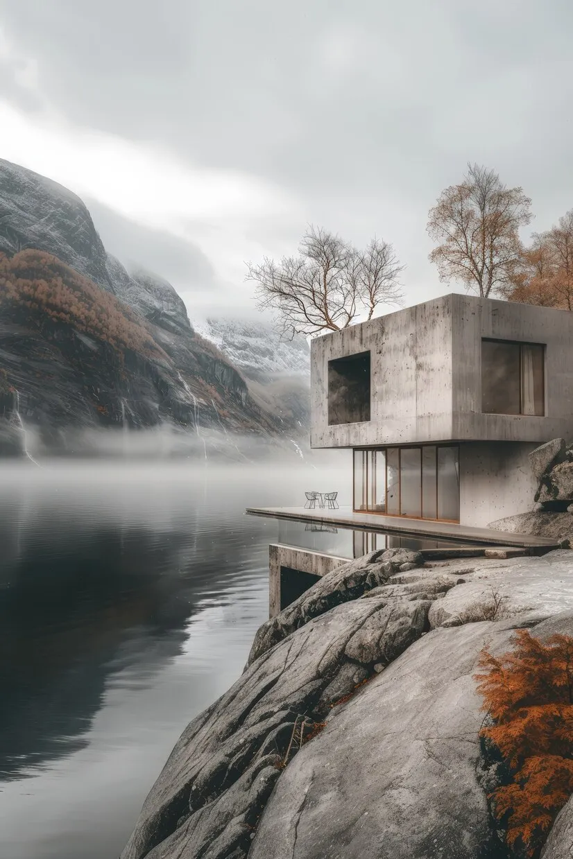 Concrete house on a rocky shore above a misty lake