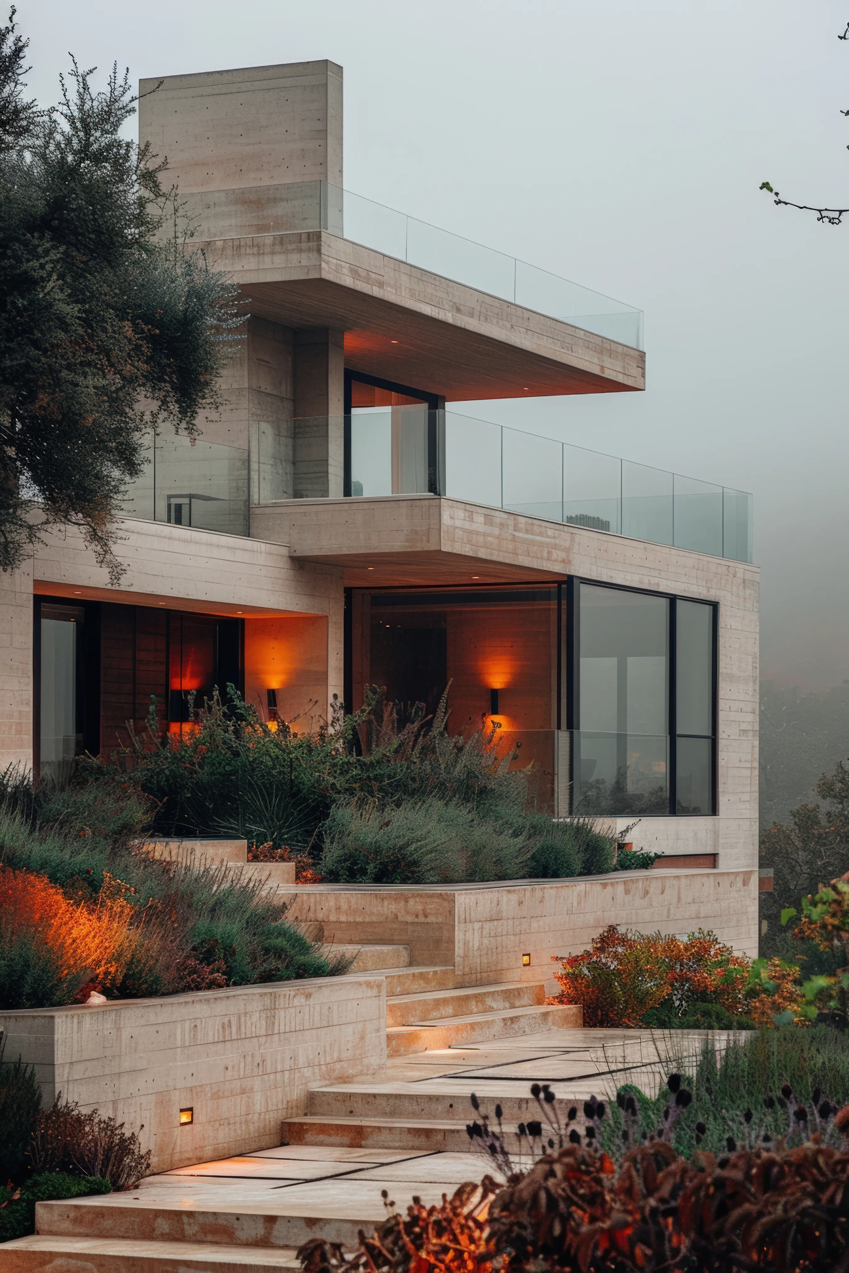 Concrete villa with lit terraces and coastal planting